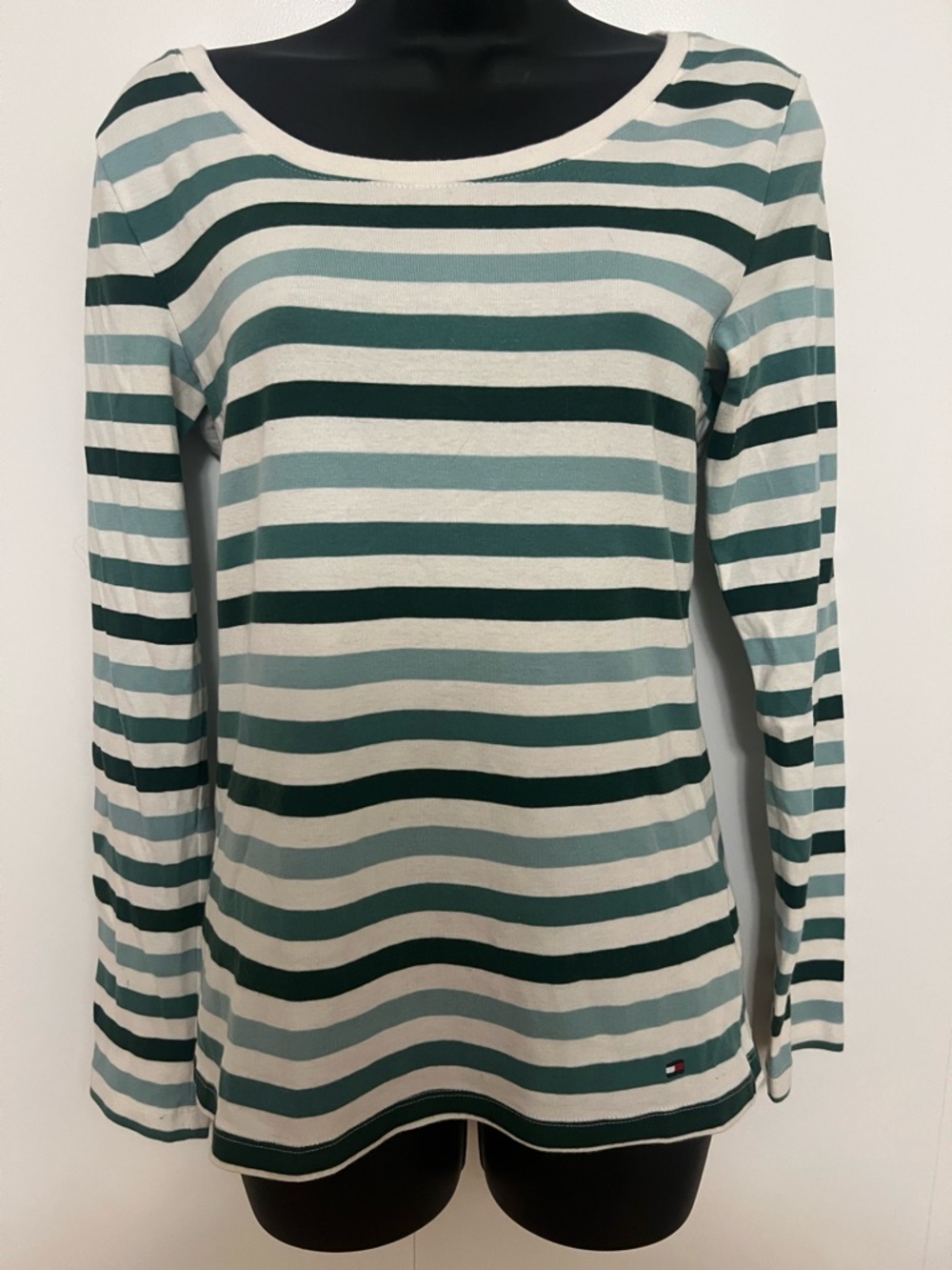 Tommy Hilfiger- Striped Long-Sleeve Women's Top in Green and Cream